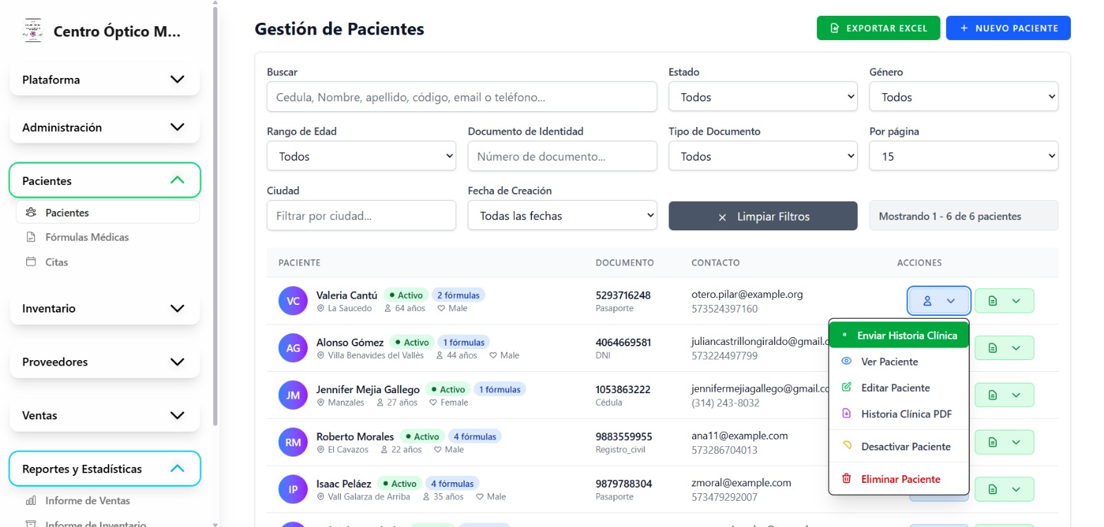 Gestión de pacientes: registro completo con historial médico y fórmulas ópticas y más.